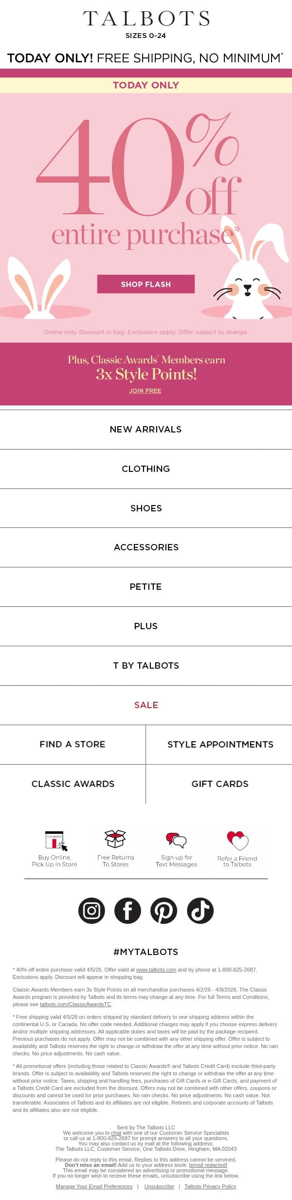 🐰 TODAY ONLINE: 40% off + FREE shipping email from Talbots screenshot