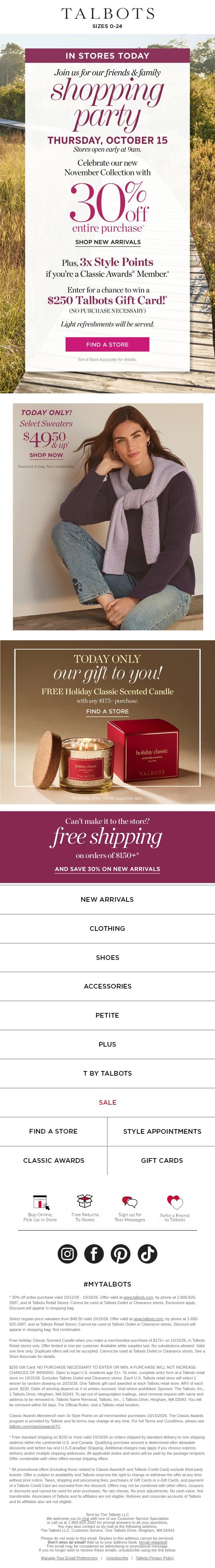 PARTY TIME! 30% off + $49.50 & up select SWEATERS email from Talbots screenshot
