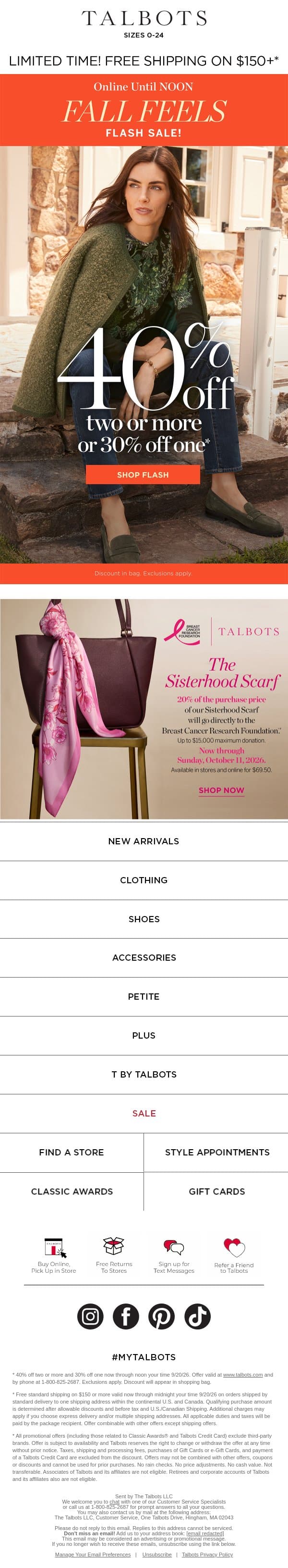 🍂 FLASH SALE 🍂 40% off 2 or more + 30% off 1* email from Talbots screenshot