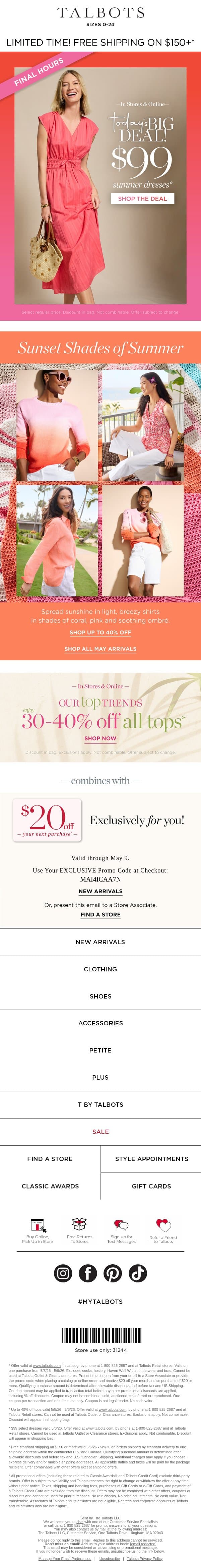 LAST CHANCE! $99 dresses ends at MIDNIGHT email from Talbots screenshot