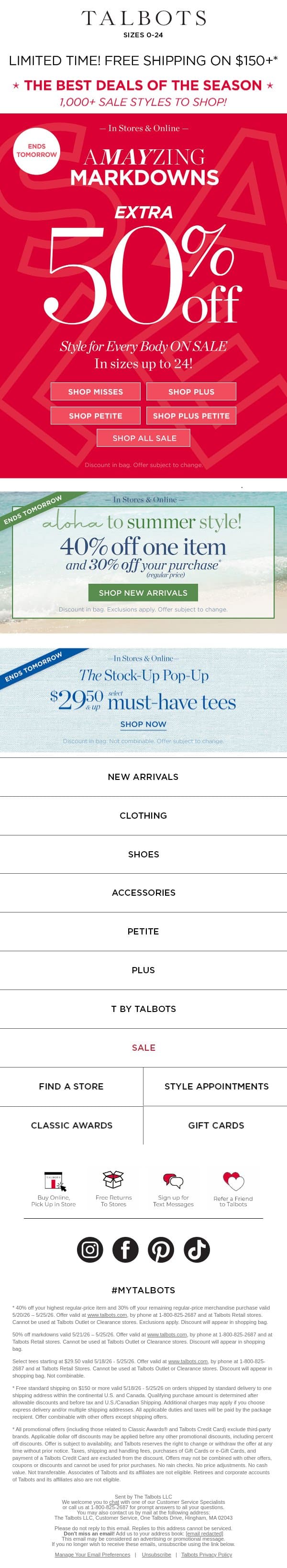 >>> EXTRA 50% off markdowns ENDS TOMORROW! <<< email from Talbots screenshot