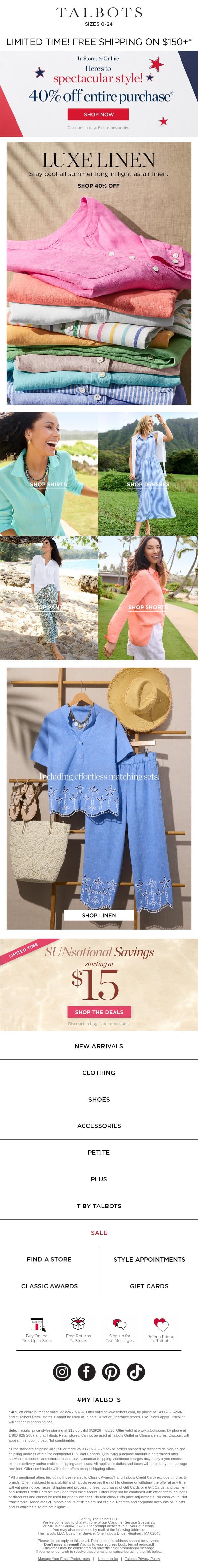100% linen. A rainbow of colors. 40% off email from Talbots screenshot