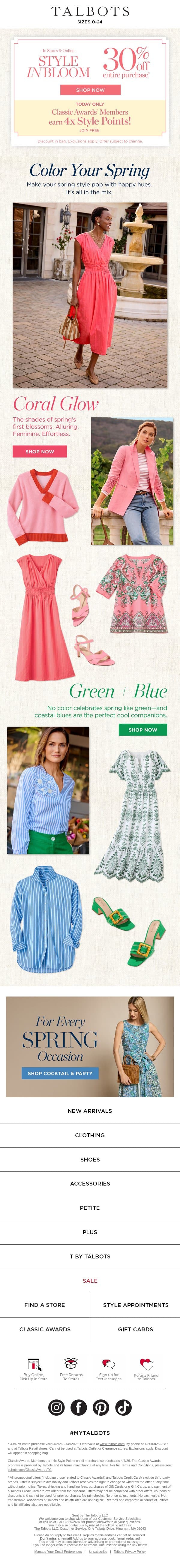 4x STYLE POINTS for 4/4 + What’s Your Spring Color? email from Talbots screenshot