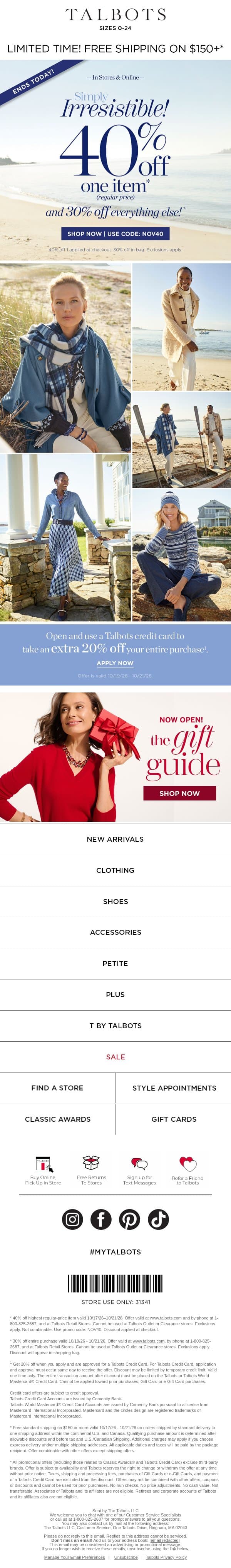 LAST DAY! 40% off your highest-priced item email from Talbots screenshot