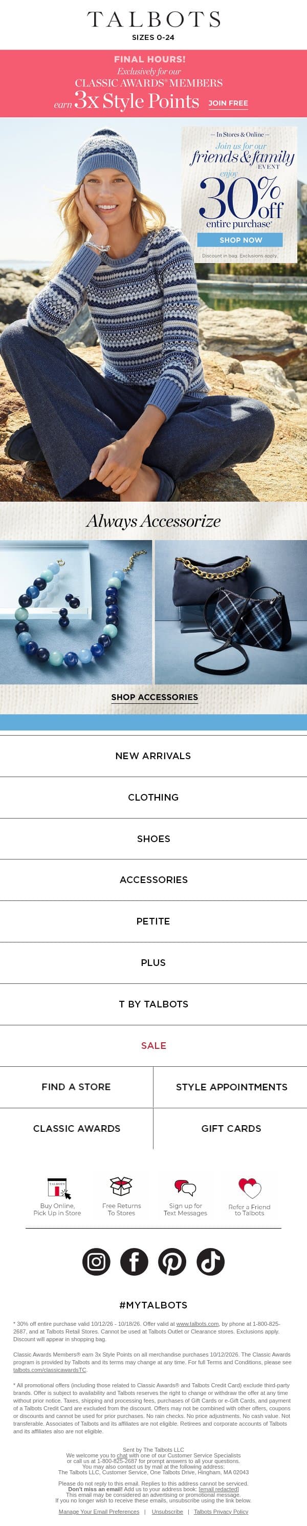 👋 FINAL HOURS for 3x STYLE POINTS! email from Talbots screenshot