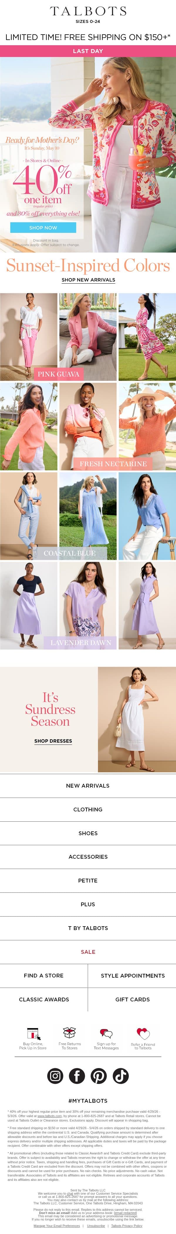 LAST DAY! 40% off 1 + 30% off everything else* email from Talbots screenshot