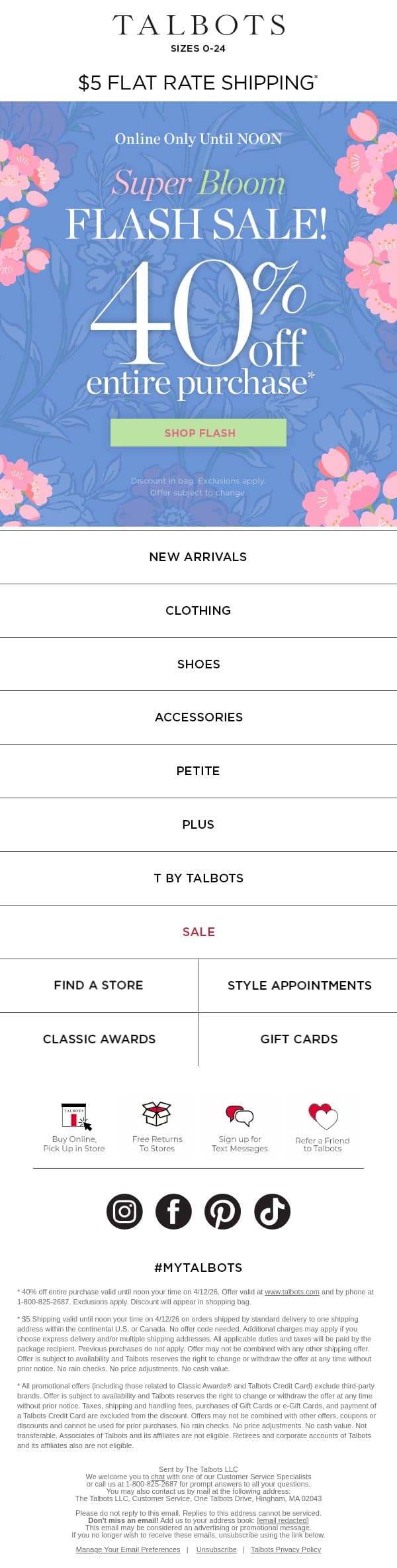 🌸 ENDS NOON 🌸 40% off + $5 shipping email from Talbots screenshot