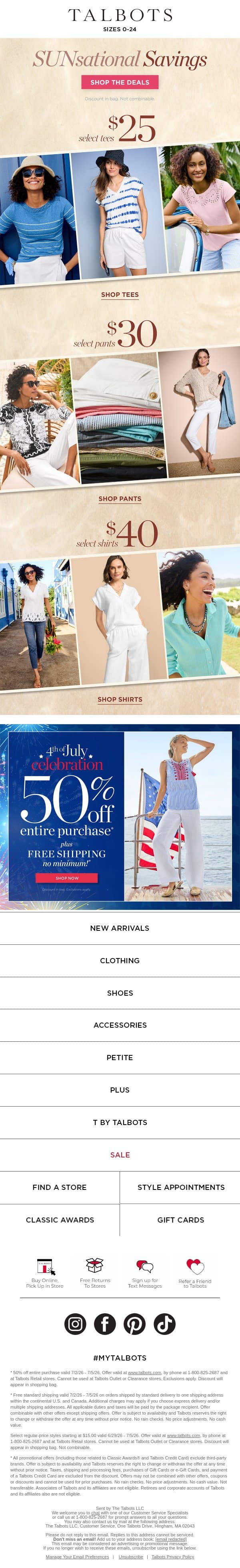 $15 & up deals + 50% off ENDS TOMORROW email from Talbots screenshot