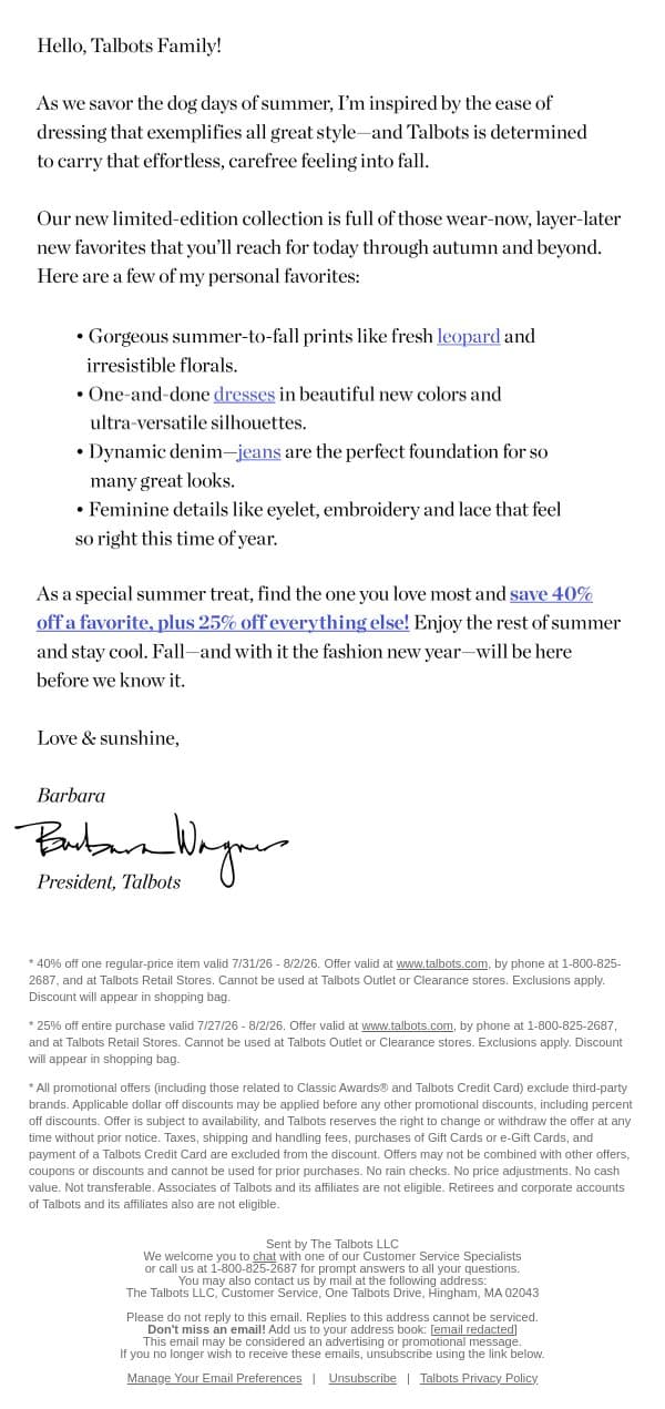 Fresh style inspo from our Brand President, Barbara Wagner email from Talbots screenshot
