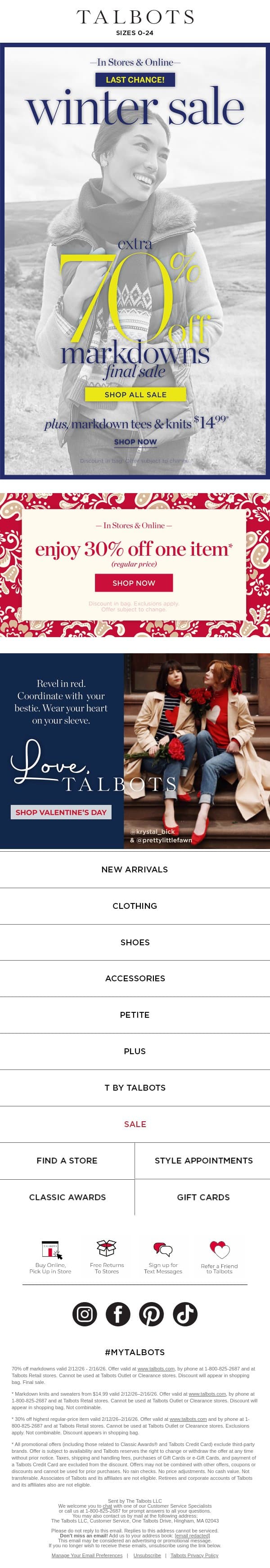 Extra 70% off CLEARANCE + $14.99 sale TEES & KNITS email from Talbots screenshot