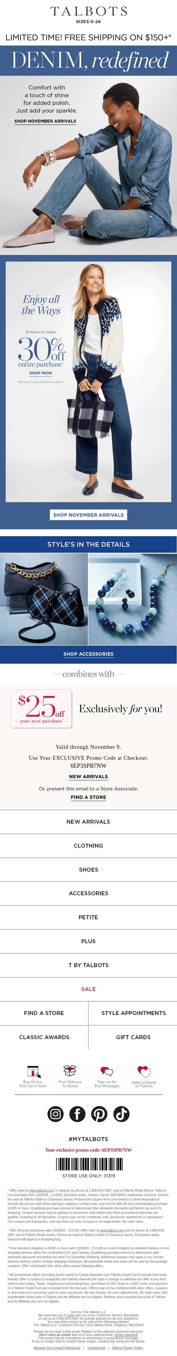 👖Ways to Wear: Denim + 30% off entire purchase*👖 email from Talbots screenshot