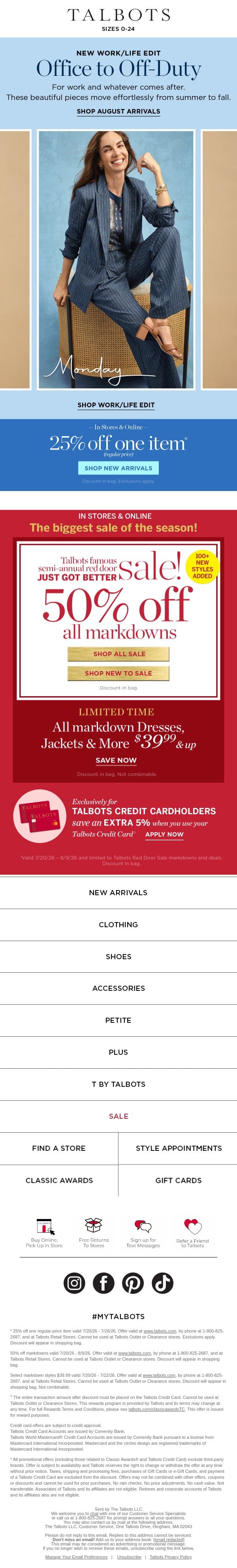25% off 1 NEW STYLE + Workweek Wonders email from Talbots screenshot
