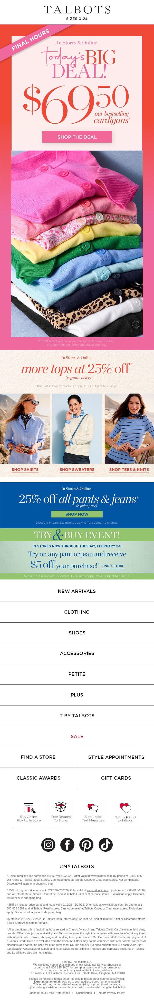 ENDING! $69.50 Cardigans Deal of the Day email from Talbots screenshot