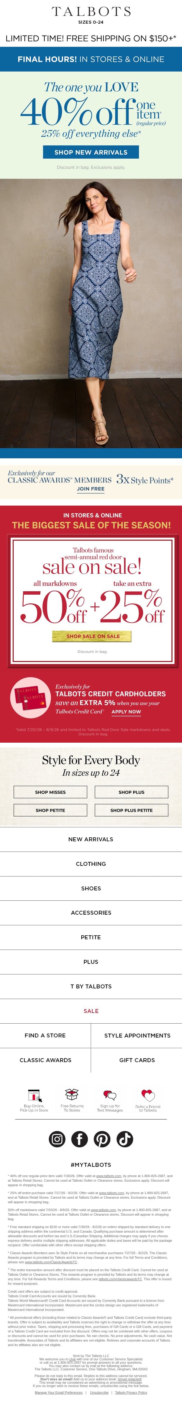 FINAL HOURS: 40% off 1 + 25% off the rest* email from Talbots screenshot