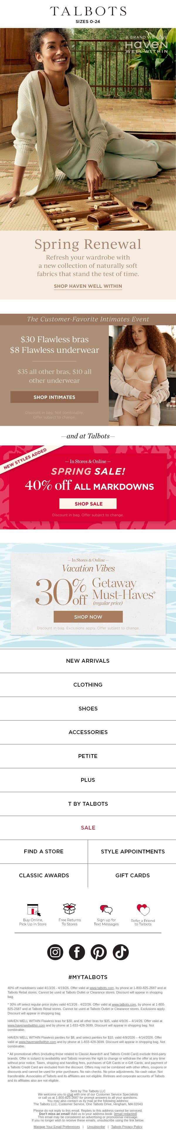 Spring Renewal + Customer-Favorite INTIMATES SALE email from Talbots screenshot
