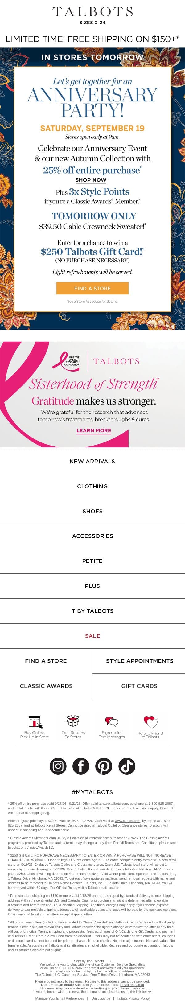 Join us for our 25% off Anniversary Event!* email from Talbots screenshot