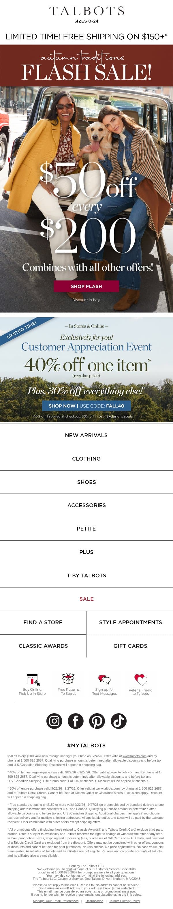 🍂 Flash Sale 🍂 $50 off, combines with ALL offers email from Talbots screenshot
