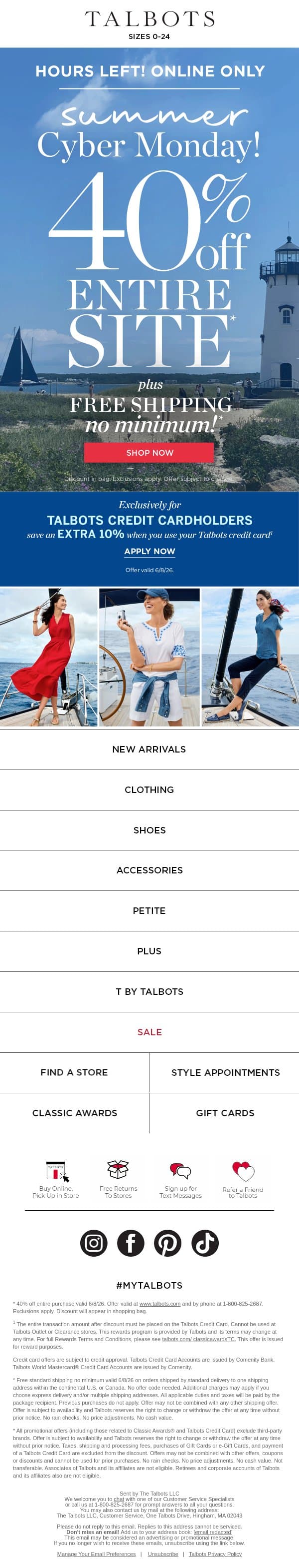 💻 Don’t miss SUMMER CYBER MONDAY—40% off + FREE shipping! email from Talbots screenshot