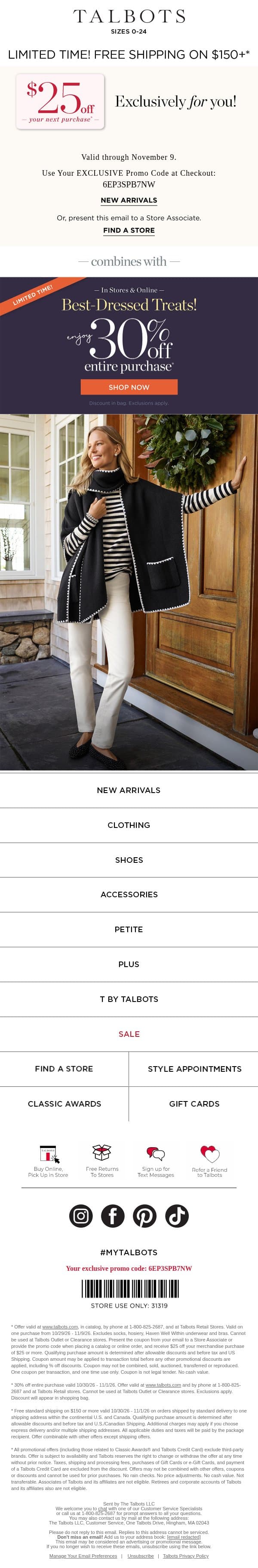 Your COMBINABLE $25 off CODE is inside! email from Talbots screenshot