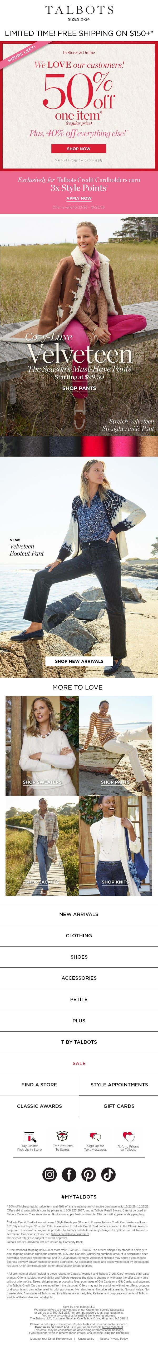 COZY-LUXE VELVETEEN! 50% off 1 + 40% off the rest* email from Talbots screenshot