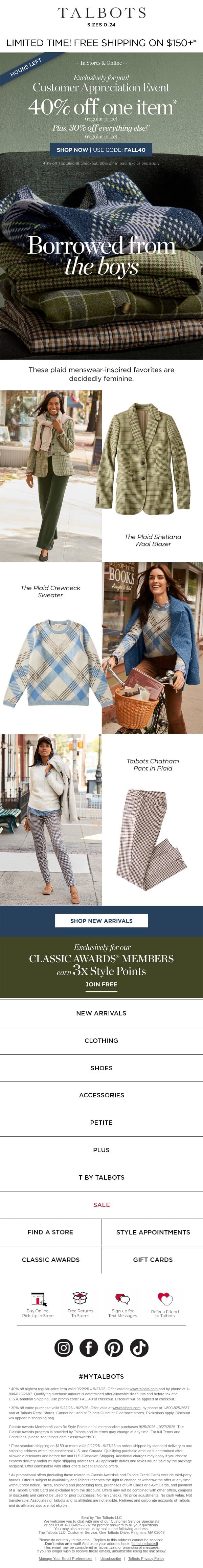 Our Customer Appreciation Event ENDS IN HOURS! email from Talbots screenshot