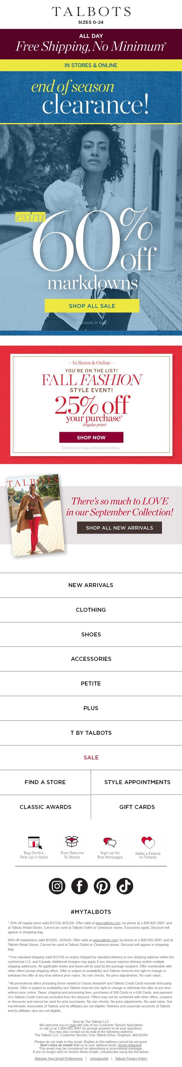 $19.99 & up stylish DEALS + Extra 60% off Clearance email from Talbots screenshot