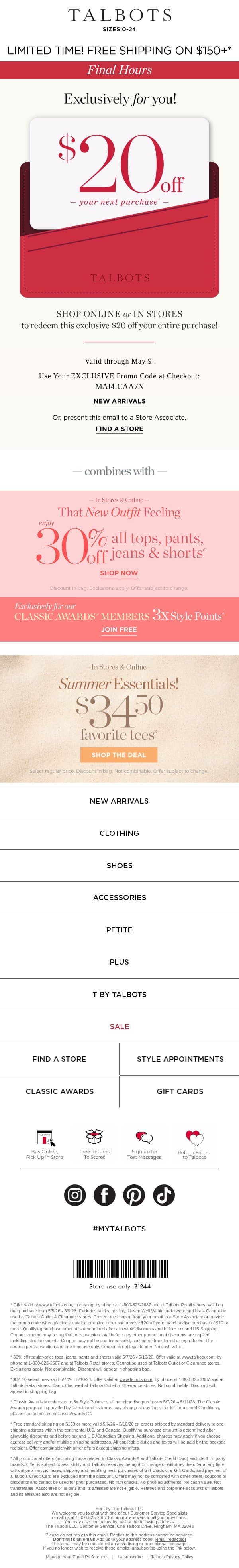 THIS. IS. IT. Spend your $20 or lose it! email from Talbots screenshot