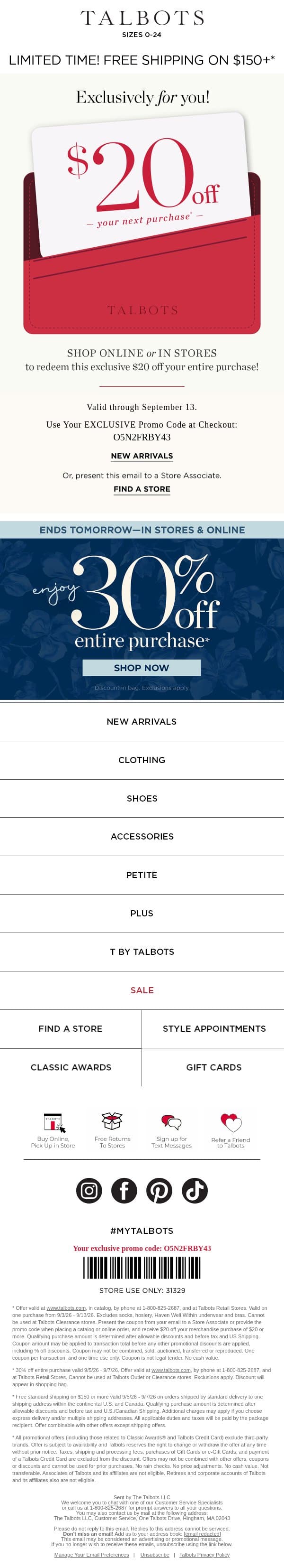 💵 Did you spend your $20 yet? email from Talbots screenshot