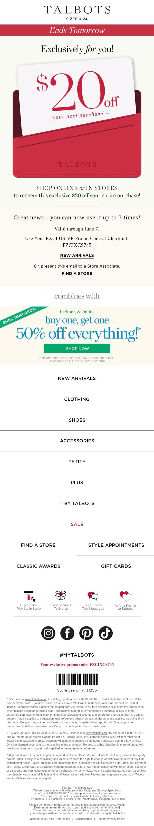 💸 Your $20 off code EXPIRES tomorrow! email from Talbots screenshot