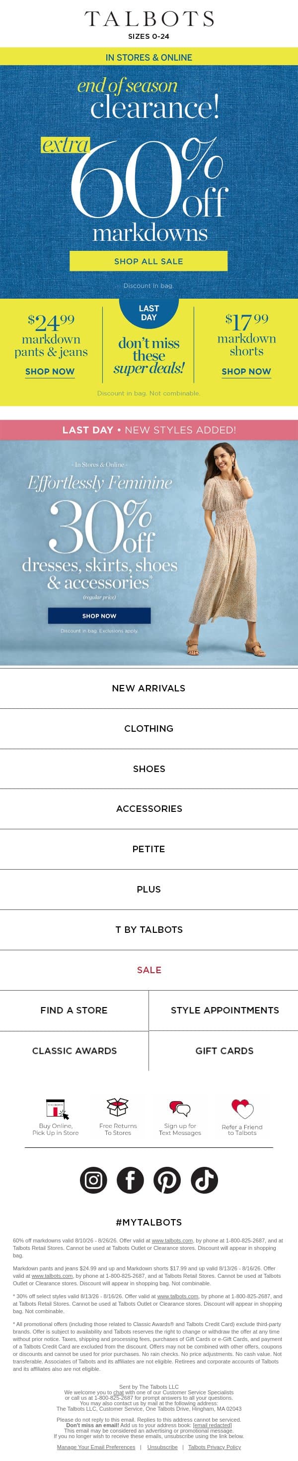 LAST DAY! $24.99 pants/jeans + $17.99 shorts email from Talbots screenshot