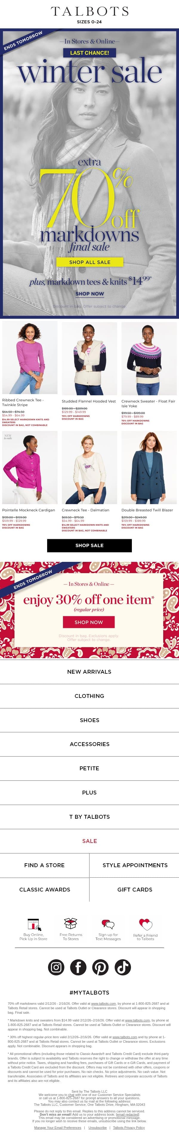 Extra 70% off CLEARANCE + $14.99 sale TEES & KNITS ends tomorrow! email from Talbots screenshot