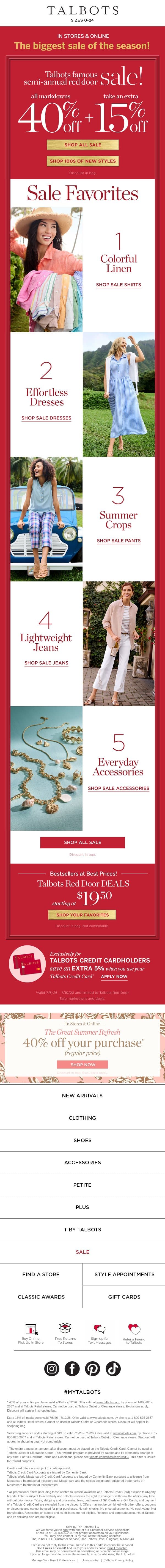 These 40% + 15% off SALE FAVORITES are selling fast! email from Talbots screenshot