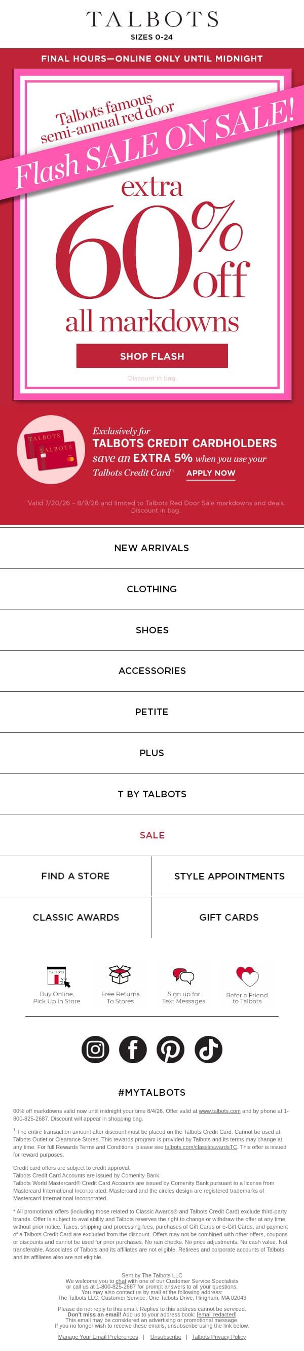 Extra 60% off all markdowns ENDS at MIDNIGHT! email from Talbots screenshot