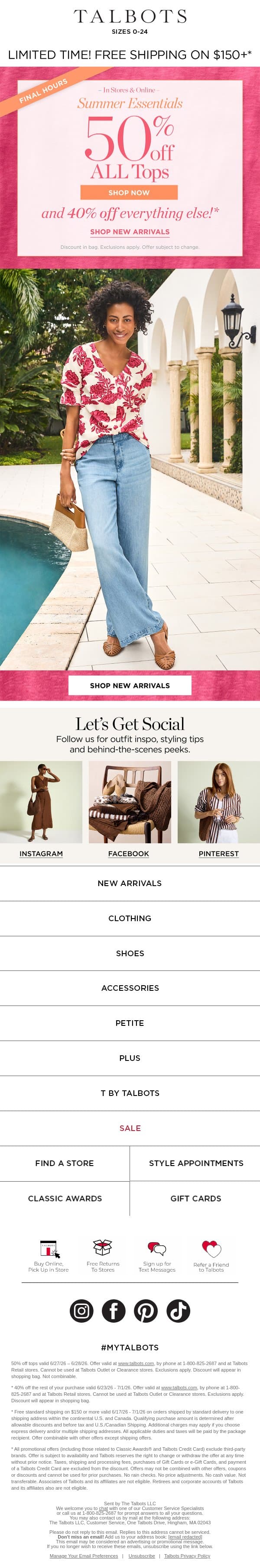 FINAL HOURS for 50% off TOPS! email from Talbots screenshot