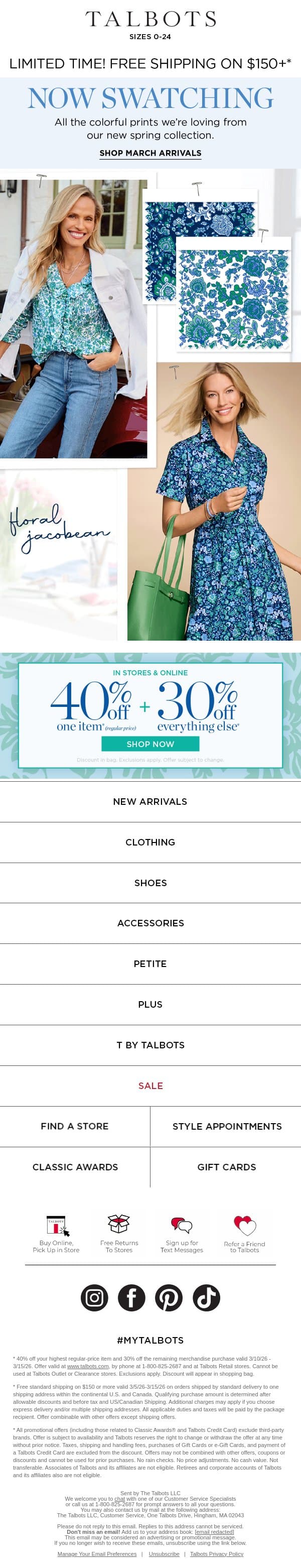40% off 1 + Spring’s Best New Prints & Patterns email from Talbots screenshot