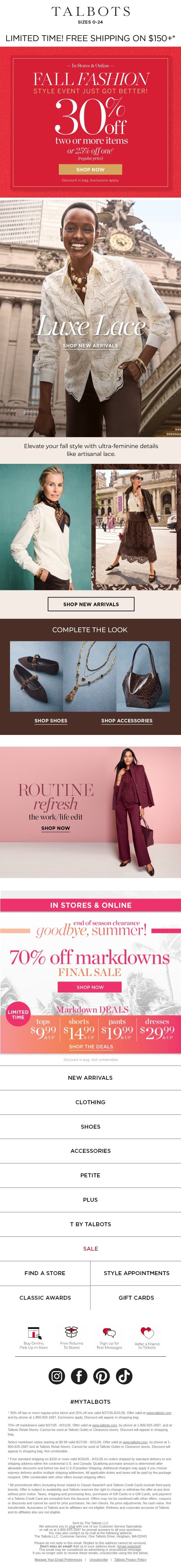 LOVING ALL THE LACE + 30% off 2+ items* email from Talbots screenshot