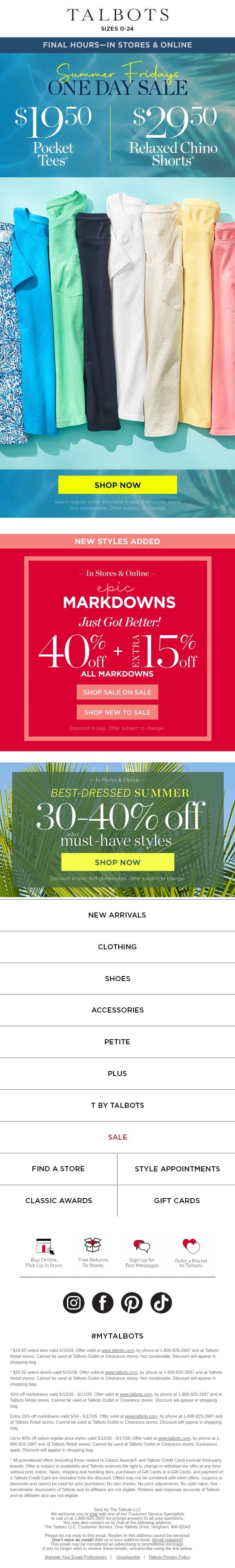 Last call for $50 OUTFITS! $19.50 Tees + $29.50 Shorts ☀️ email from Talbots screenshot