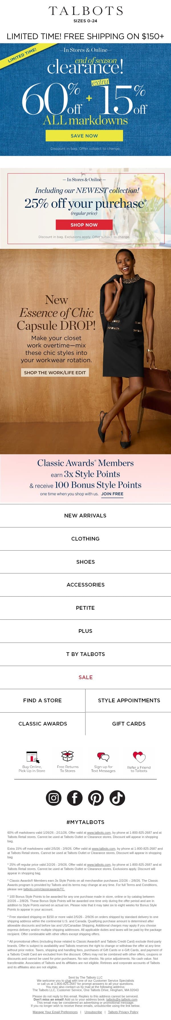 📣 EXTRA 60% + 15% off all markdowns email from Talbots screenshot