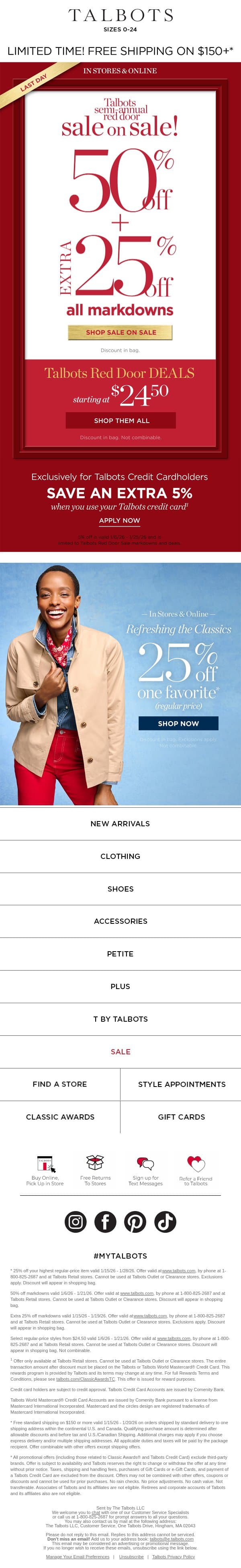 LAST DAY! Extra 50% + 25% off all markdowns email from Talbots screenshot