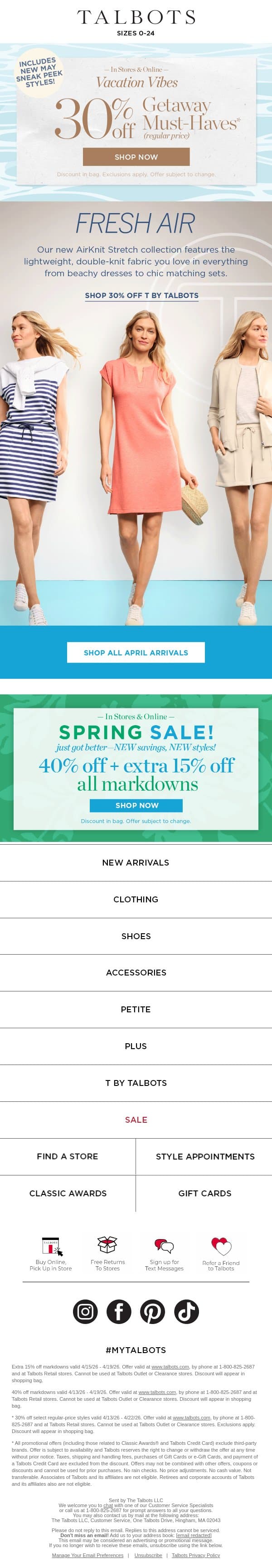 NEW AirKnit Stretch Summer Collection email from Talbots screenshot