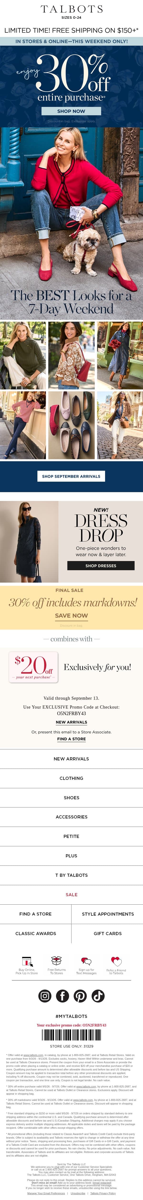 THIS LONG WEEKEND ONLY! 30% off + FREE SHIPPING offer* email from Talbots screenshot