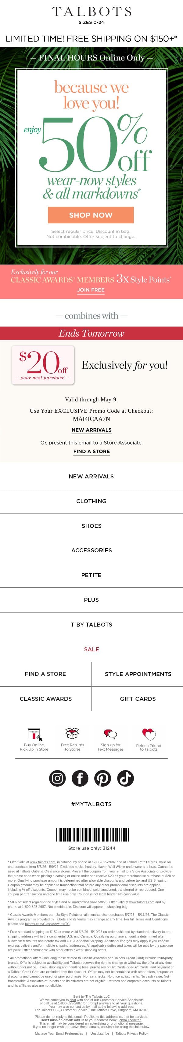 LAST CHANCE! 50% off select FAVES + MARKDOWNS is ending email from Talbots screenshot