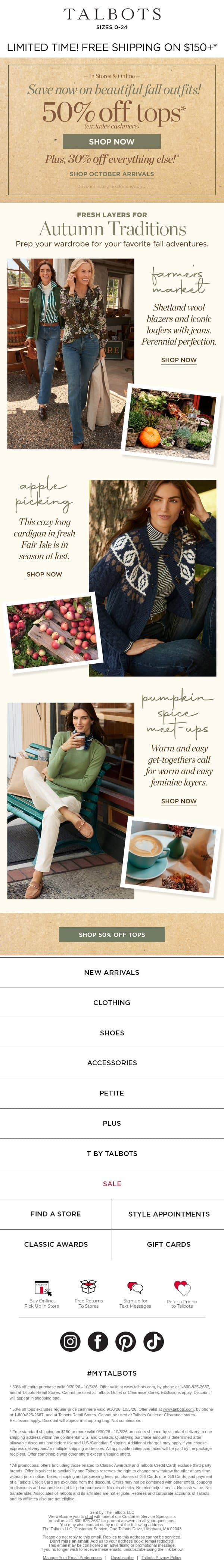 STARTS NOW! 50% off TOPS + 30% off everything else* email from Talbots screenshot