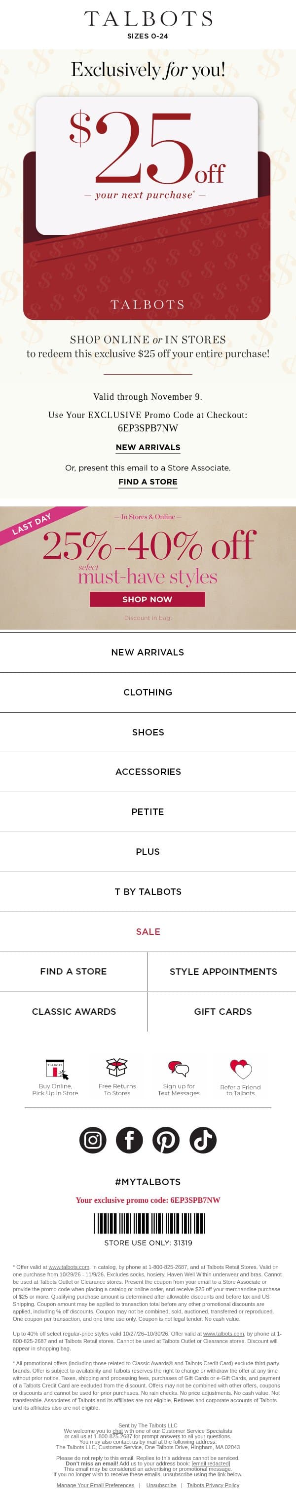 💰 Your $25 spending money is inside! email from Talbots screenshot