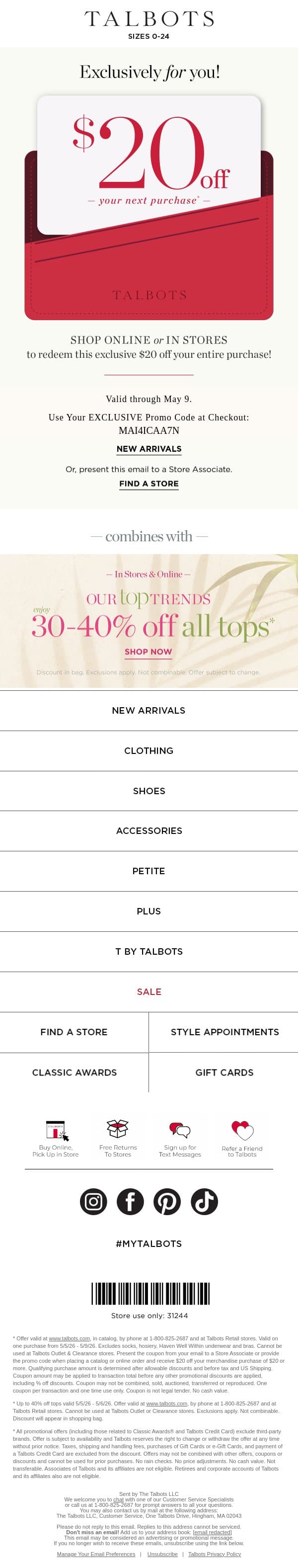 OPEN for your $20 spending money! email from Talbots screenshot