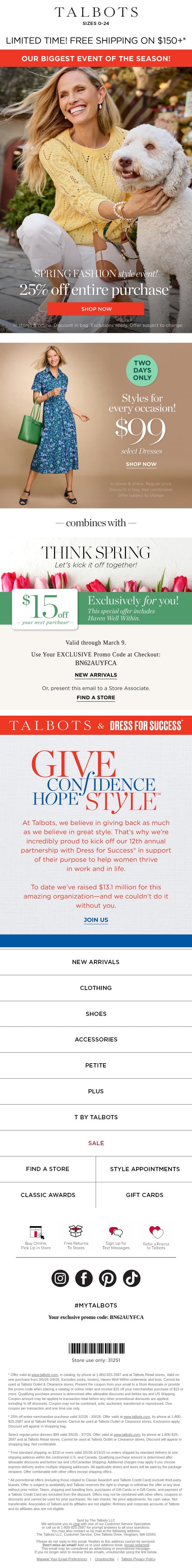2 DAYS ONLY! $99 select DRESSES email from Talbots screenshot