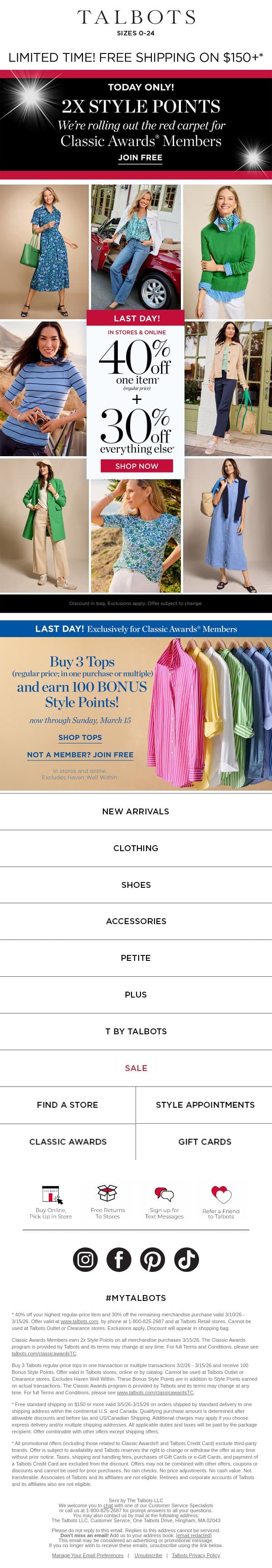 TODAY ONLY! ⭐⭐ 2x Style Points for Classic Awards® Members email from Talbots screenshot