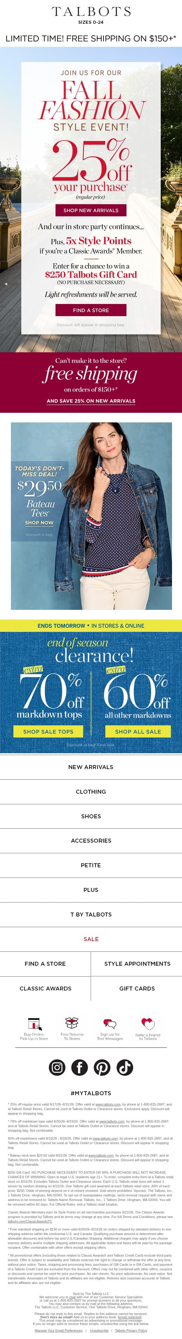 Shop NOW for 5x Style Points AND 25% off! email from Talbots screenshot