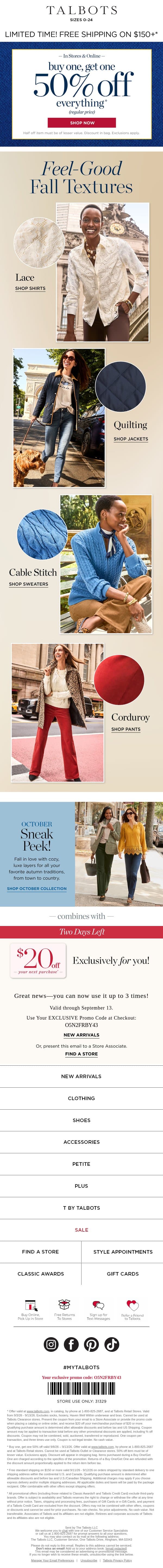 BOGO 50% off + OCTOBER SNEAK PEEK! email from Talbots screenshot