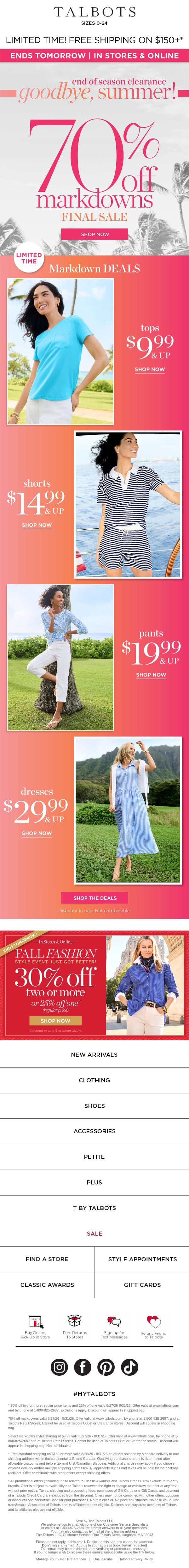 🔥The HOTTEST sale in town ENDS TOMORROW! email from Talbots screenshot